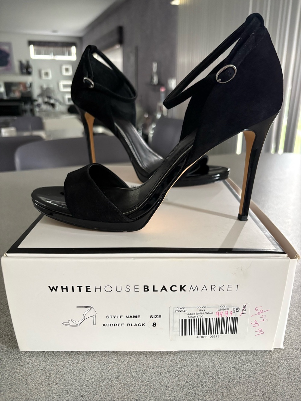 White House Black Market Black Suede Ankle-Strap Stiletto Heels